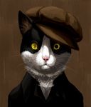  anisocoria canvas cat dilated_pupils feline green_eyes hat headshot male portrait solo tuxedo_cat unknown_artist 