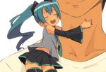  aqua_hair bad_id bad_pixiv_id detached_sleeves hatsune_miku hug long_hair minigirl necktie sama skirt smile solo_focus thighhighs twintails very_long_hair vocaloid zettai_ryouiki 