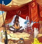  animal_ears banana brown_hair bunny_ears chopsticks eating food fruit grin highres karindi_(pixiv_fantasia) lamian_(pixiv415608) multiple_girls pixiv_fantasia pixiv_fantasia_5 polearm red_eyes sitting smile spear tent weapon white_hair 