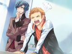  &gt;_&lt; angry artist_request brown_hair closed_eyes formal fume game_cg glasses haruki_naoshi indoors jacket long_sleeves male_focus mizushima_iku multiple_boys open_clothes open_jacket shirt starry_sky_(game) suit t-shirt thinking 