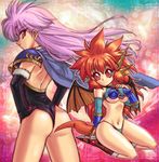  animal_ears armor boots breasts cape dragon_ears dragon_girl dragon_half dragon_horns dragon_tail dragon_wings horns knee_boots long_hair looking_back medium_breasts midriff mink_(dragon_half) multiple_girls profile purple_eyes red_eyes red_hair sitting stargeyser tail underboob veena_(dragon_half) wings 