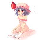  1girl bare_shoulders book hat lavender_hair no_shoes red_eyes remilia_scarlet see-through shin_(new) short_hair sitting solo thighhighs touhou wariza white_legwear 