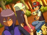  2boys baseball_cap beanie black_hair blue_eyes blue_hair chimchar fingerless_gloves gen_1_pokemon gen_4_pokemon gloves hat hikari_(pokemon) multiple_boys pikachu piplup pokemoa pokemon pokemon_(anime) pokemon_(creature) pokemon_dp_(anime) purple_hair satoshi_(pokemon) scarf shinji_(pokemon) skirt 