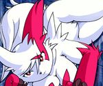  breast_markings breasts ear_markings face_markings female g-sun looking_at_viewer pok&eacute;mon pok&eacute;morph pubic_tuft red_eyes solo tail white zangoose 