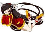  1girl black_hair blush bottomless fangs female gennama hair_over_one_eye hairband jacket long_hair nail no_pants open_mouth original red_eyes shoes skull sleeves_past_wrist sleeves_past_wrists sneakers utsugi-chan very_long_hair 