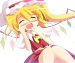  :d ascot blonde_hair blush closed_eyes dress fang flandre_scarlet geo_(yukishitadou) hand_to_own_mouth happy happy_tears hat hat_ribbon midriff open_mouth red_dress ribbon side_ponytail simple_background smile solo tears touhou wings wiping_tears 