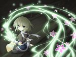  arm_warmers blonde_hair bridge cherry_blossoms green_eyes highres miyupon mizuhashi_parsee pointy_ears scarf short_hair solo torn_clothes touhou 