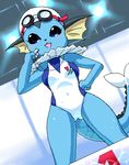  blue_eyes blush breasts buttcleft dripping female g-sun goggles pok&eacute;mon pool small_breasts solo spread_legs spreading standing swimming_cap swimsuit tail vaporeon whistle 