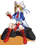  blonde_hair blue_eyes boots controller egg fingerless_gloves game_controller gloves highres necktie original panties solo underwear yuro 