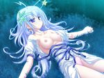  77 blue_hair breasts game_cg grass kuu_(77) nipples open_shirt panties purple_eyes tenmaso underwear whirlpool 