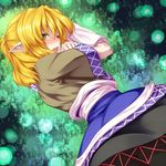  blonde_hair dress green_eyes lying mizuhashi_parsee on_side one_eye_closed open_mouth ponytail short_hair solo tears touhou tro 