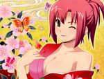  cleavage flowers green_eyes japanese_clothes kimono koutaro red_hair rio super_blackjack wink 