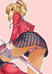  blonde_hair blush cameltoe emilia_percival from_below panties pantyshot phantasy_star phantasy_star_portable_2 pleated_skirt ponytail red_eyes selece side_ponytail skirt solo striped striped_panties trefoil underwear upskirt 