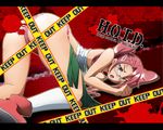  antenna_hair ass breasts brown_eyes caution_tape garuma glasses highschool_of_the_dead keep_out large_breasts long_hair open_mouth panties pink_hair solo takagi_saya top-down_bottom-up torn_clothes twintails underwear 