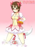  bad_id bad_pixiv_id brown_eyes brown_hair cosplay eki_mirin glasses hair_ribbon k-on! kaname_madoka kaname_madoka_(cosplay) kyubey mahou_shoujo_madoka_magica manabe_nodoka namesake parody pun red-framed_eyewear ribbon semi-rimless_eyewear short_twintails solo translated twintails under-rim_eyewear 