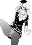  blush glasses gloves greyscale hat monochrome murakami_murako panties panties_under_pantyhose pantyhose short_hair solo toono_mariko underwear uniform yuurei_ryokoudairiten_soul_mate_tourist 