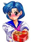  bishoujo_senshi_sailor_moon blue_eyes blue_hair blush embarrassed gift mizuno_ami pirochi present ribbon sailor_mercury school_uniform short_hair 