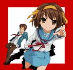  1girl bad_id bad_pixiv_id brown_eyes brown_hair dragging foreshortening hair_ribbon kita_high_school_uniform kyon ogipote pointing ribbon school_uniform serafuku short_hair suzumiya_haruhi suzumiya_haruhi_no_yuuutsu 