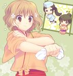  black_hair blonde_hair blush brown_eyes chibi flower fuyuichi hair_bun hair_flower hair_ornament hanasaku_iroha japanese_clothes kissuisou_uniform long_hair matsumae_ohana multiple_girls nakai_(waitress) oshimizu_nako outstretched_arm panicking ponytail short_hair tears towel tsurugi_minko wavy_hair 