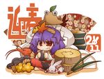  :q bow bunny eating eyes food food_on_face gurageida hairband hat moriya onion prawn purple_hair pyonta red_eyes short_hair sitting skirt solo sweet_potato tongue tongue_out touhou yasaka_kanako 