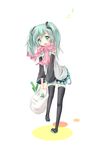  absurdres aqua_eyes aqua_hair bad_id bad_pixiv_id bag blush detached_sleeves earrings hatsune_miku highres jewelry long_hair necktie open_mouth pink_scarf plastic_bag scarf simple_background skirt solo spring_onion thighhighs twintails uzuchii vocaloid 