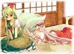  :&lt; ascot bad_id bad_pixiv_id barefoot blush bow closed_eyes dress embarrassed ex-keine fujiwara_no_mokou green_hair hair_bow hair_ribbon happy highres horn_ribbon horns kamishirasawa_keine long_hair lying multiple_girls nochita_shin on_stomach pants red_eyes ribbon seiza shy silver_hair sitting smile tail tail_fondling tears touhou v_arms 