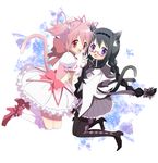  :o akemi_homura animal_ears bad_id bad_pixiv_id black_hair boots braid bubble_skirt cat_ears cat_tail choker glasses gloves hairband highres holding_hands interlocked_fingers kaname_madoka kemonomimi_mode long_hair magical_girl mahou_shoujo_madoka_magica multiple_girls nono_(noxno) pantyhose pink_eyes pink_hair puffy_sleeves purple_eyes red-framed_eyewear shoes short_hair short_twintails skirt smile spoilers star tail twin_braids twintails white_gloves 