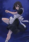  brown_eyes brown_hair dress eleanor elenore_baker female fighting_pose fighting_stance footwear gradient gradient_background madlax maid serious short_hair socks solo waitress 