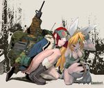  backpack bikini boots breasts claws crouching dog_tags female gloves goggles grenade gun hair human knife lagomorph military rabbit red_hair skimpy three-toed weapon ラビッツ 