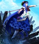  blue_hair boots broken_ground embellished_costume food frills fruit gathers hat high_heels highres hinanawi_tenshi irohara_mitabi long_hair outstretched_hand peach pinky_out red_eyes shoes solo sword sword_of_hisou touhou weapon 