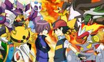  2boys aggron black_hair buizel child drapion electivire fingerless_gloves froslass gastrodon gliscor gloves hat highres infernape male male_focus multiple_boys pikachu pokemon pokemon_(anime) purple_hair satoshi_(pokemon) shedinja shinji_(pokemon) smile staraptor torterra 