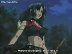  belt blue_hair breasts choker female gloves green_eyes hand_on_hip long_hair marone_bluecarno midriff navel open_mouth serious solo sword tales_of_(series) tales_of_eternia talking tree weapon 
