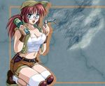  belt breasts brown_hair cap cleavage denim denim_shorts female fio fio_germi glasses green_eyes grenade happy hat holding knee_pads kneeling metal_slug navel open_mouth ponytail shoes short_hair shorts smile socks solo vest weapon wristband 