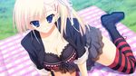  blonde_hair blue_eyes breasts casual cleavage grass looking_at_viewer sitting smile striped striped_legwear striped_thighhighs thighhighs 