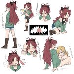  2girls :p akemi_homura animal_ears blonde_hair blush boots bottomless bow breasts drill_hair homu licking mahou_shoujo_madoka_magica multiple_girls nude paizuri ponytail red_eyes red_hair sakura_kyouko sexually_suggestive tomoe_mami tongue tongue_out torinone translated tupet yellow_eyes 