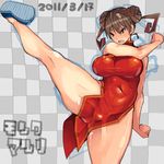  belly breasts brown_eyes brown_hair china_dress chinese_clothes double_bun dress kicking large_breasts matsuri_(teriyaki) navel no_socks original plump solo teriyaki thick_thighs thighs 