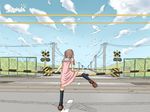 back black_legwear brown_hair chain-link_fence cloud day dress fence from_behind kneehighs koyuki.a original perspective pink_dress power_lines railroad_crossing railroad_tracks scenery shoes sketch sky solo straddling telephone_pole translated twintails vanishing_point 