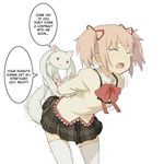  1girl arms_behind_back bent_over bestiality blush clothed_sex crossed_arms eyes_closed from_behind hair_ribbon hard_translated highres kaname_madoka kyoudyu kyubey kyuubee leaning_forward mahou_shoujo_madoka_magica open_mouth rape red_eyes ribbon school_uniform sex simple_background standing tears thighhighs translated trembling twintails vaginal what white_background zettai_ryouiki 