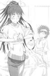  1girl breasts buckle cleavage collarbone greyscale headband highres indoors kamijou_touma kanzaki_kaori long_hair medium_breasts midriff monochrome navel non-web_source pants ponytail smile spiked_hair stomach to_aru_majutsu_no_index very_long_hair wide-eyed 