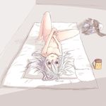 alarm_clock athray caught clock clothes_on_floor clothes_removed fingering flat_chest futon long_hair lying masturbation nipples nude on_back open_mouth original pantyhose pantyhose_removed pillow purple_eyes r-sylph silver_hair solo spread_legs 