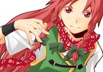  absurdres alternate_eye_color bow braid earrings hair_bow highres hong_meiling jewelry kamo_(hitomin1103) long_hair no_hat no_headwear red_eyes red_hair scarf smile solo touhou twin_braids wristband 