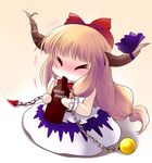  &gt;_&lt; alcohol bottle bow chain chibi chocolate closed_eyes hair_bow highres horn_ribbon horns ibuki_suika orange_hair ribbon sitting solo touhou whiskey wrist_cuffs yume_shokunin 