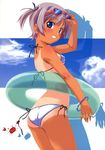  :d absurdres ass bikini blue_eyes bracelet breasts cloud copyright_request covered_nipples crab day highres innertube jewelry kuuchuu_yousai open_mouth purple_hair short_hair side-tie_bikini side_ponytail small_breasts smile solo source_request sunglasses swimsuit tan tanline 