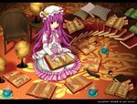 alternate_costume bad_id bad_pixiv_id blush book chair coffee crescent cup dr.yeh globe hat ink long_hair patchouli_knowledge purple_eyes purple_hair quill sitting solo touhou 