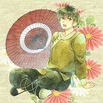  chinese_clothes full_body green_hair guremio headband hibiki_ryouga indian_style male_focus ranma_1/2 sitting solo umbrella yellow_eyes 