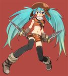  .hack//quantum 1girl aqua_eyes aqua_hair bad_id bad_pixiv_id black_legwear boots dadami dual_wielding facial_mark full_body gloves hat holding long_hair midriff navel red_background sakuya_(.hack//) shorts simple_background solo sword thighhighs twintails weapon 