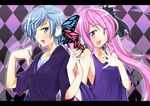  1girl :d blue_eyes blue_hair character_request commentary_request holding_hands interlocked_fingers letterboxed magnet_(vocaloid) mtu_(orewamuzituda) music niconico open_mouth pink_eyes pink_hair singing smile twintails vocaloid 