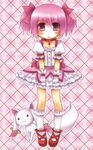  :3 animal_ears argyle argyle_background arms_at_sides bow bubble_skirt choker creature dress full_body gloves hair_ribbon jewelry kaname_madoka kneehighs kyubey magical_girl mahou_shoujo_madoka_magica misato_miyu pink pink_background pink_eyes pink_hair puffy_sleeves red_choker red_eyes ribbon shoes short_hair short_twintails skirt tail twintails 