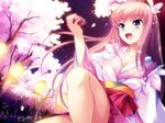  blue_eyes cherry_blossoms game_cg japanese_clothes kimono love_kami petals pink_hair sake tagme tree 