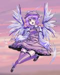  :d animal_ears dress feathers flying hat kumadano long_sleeves mystia_lorelei nail_polish open_mouth pink_eyes pink_hair shoes short_hair sky smile solo thighhighs touhou winged_shoes wings 